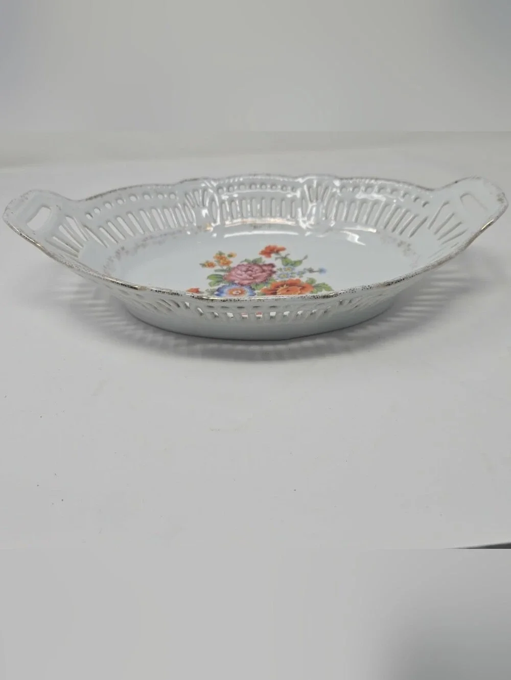 Vintage Floral Reticulated Oval Bowl Gold Trim, Pink Flowers, Made in Germany